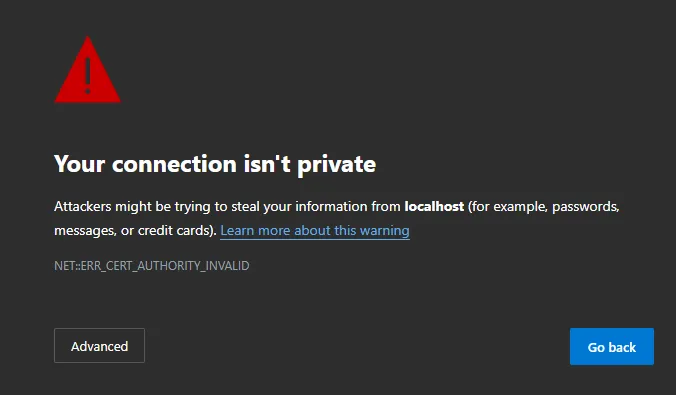 Screenshot showing the browser certificate error when accessing the dashboard.