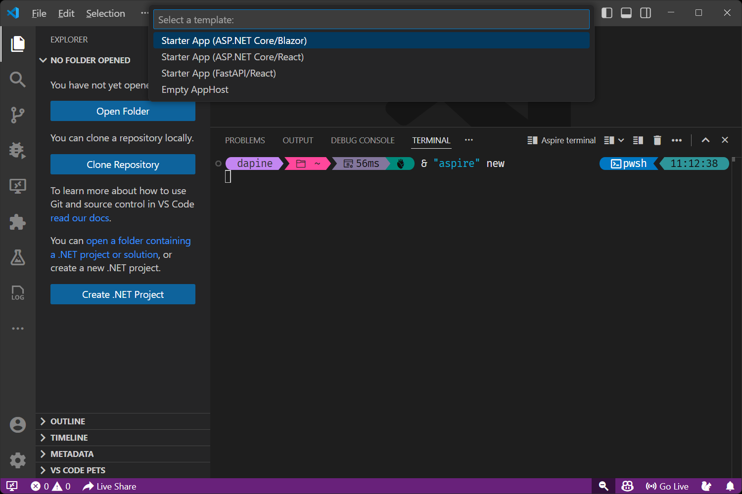 A screenshot of VS Code showing how to create a new Aspire solution by using the Aspire extension with template options displayed.