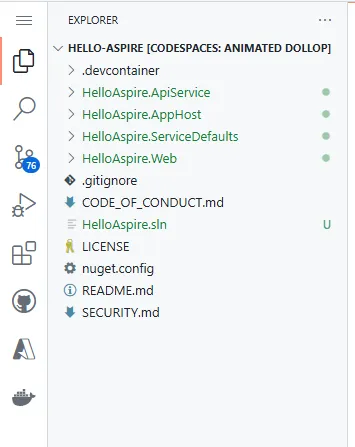 Screenshot of the VS Code Explorer panel showing the newly created Aspire project structure.
