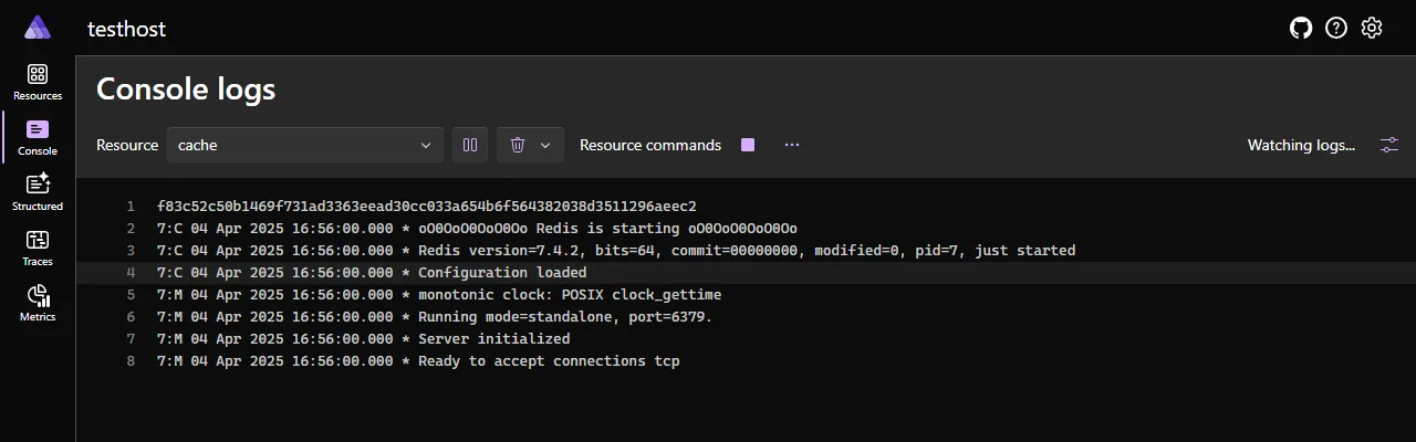 A screenshot of the Aspire dashboard Console logs page with a container source selected.