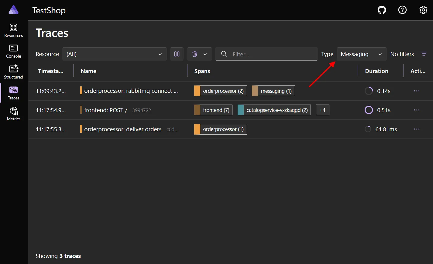 Screenshot of the traces page showing the type filter.