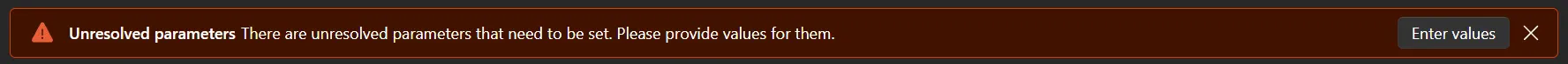 Screenshot of the Aspire dashboard warning that appears when there are unresolved parameters.