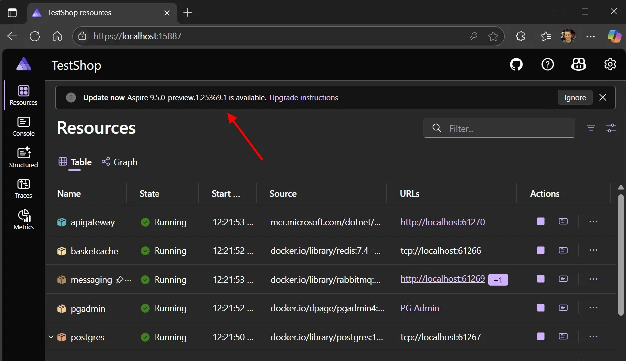Screenshot of dashboard showing a version update notification with upgrade options.