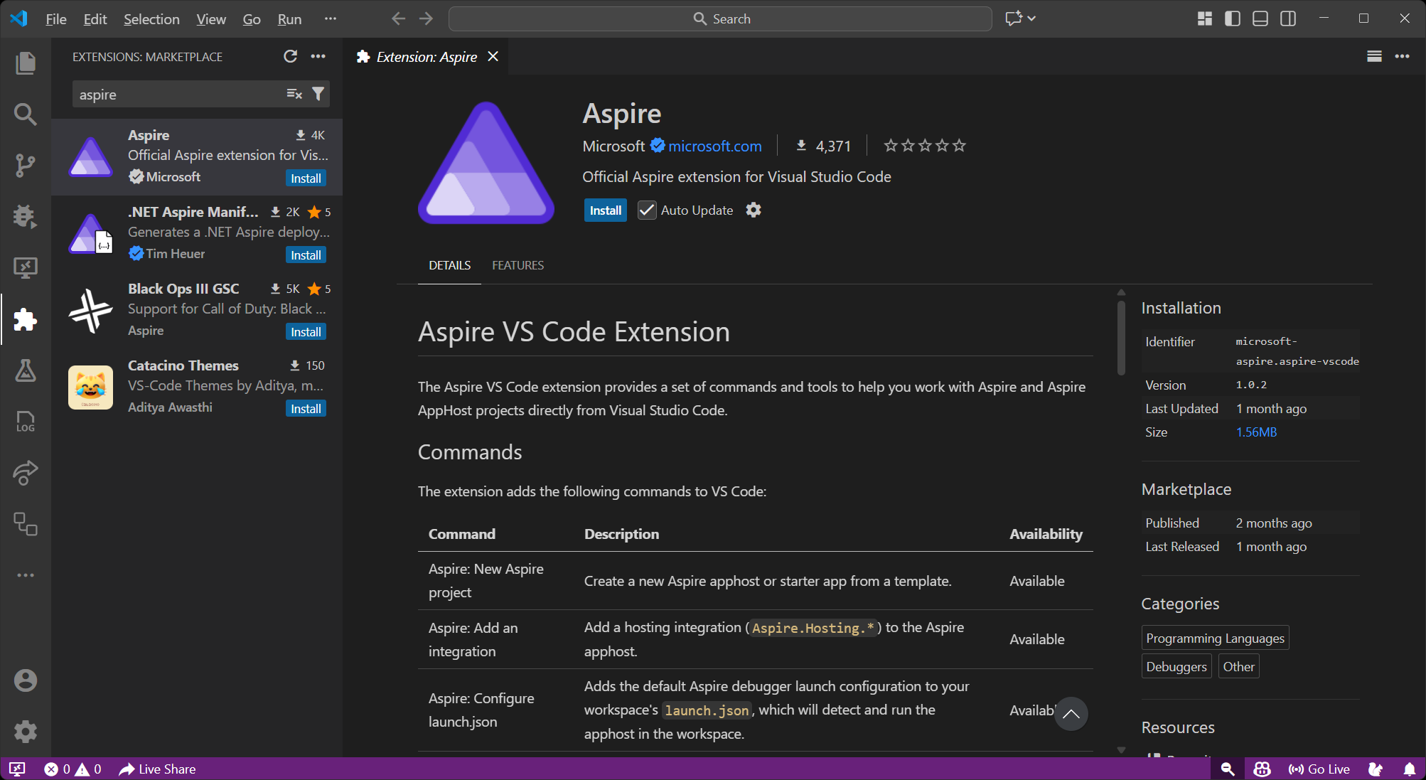 A screenshot of VS Code showing how to install the Aspire extension from the Extensions marketplace.