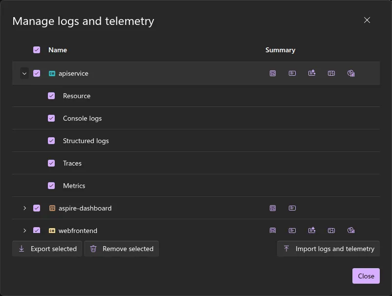 A screenshot of the Aspire dashboard Manage logs and telemetry dialog, showing a resource expanded to display individual data types.