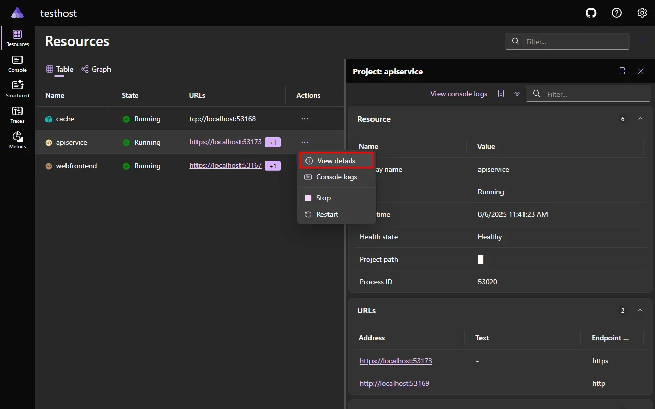 A screenshot of the Aspire dashboard Resources page with the details of a selected resource displayed.