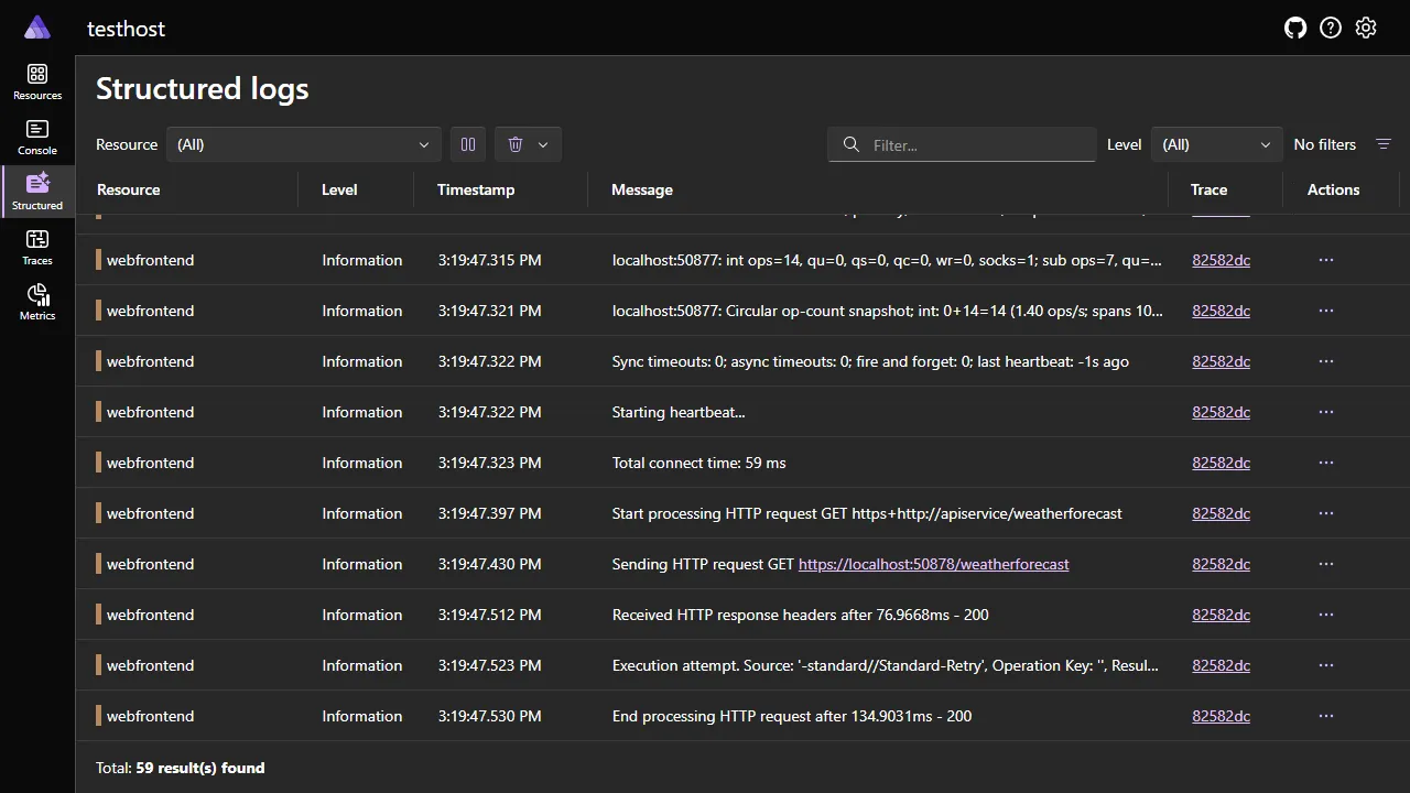 A screenshot of the Aspire dashboard Semantic logs page.